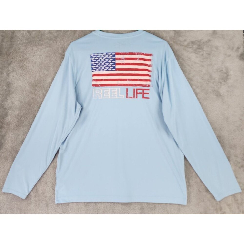 Reel Life Shirt Mens Large Blue American Flag Outdoor Fishing Casual Long Sleeve